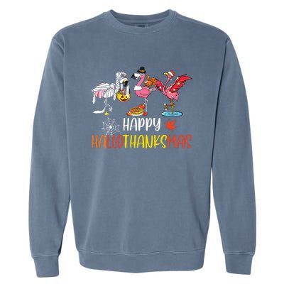 Flamingo Halloween Happy Hallothanksmas Thanksgiving Xmas Garment-Dyed Sweatshirt