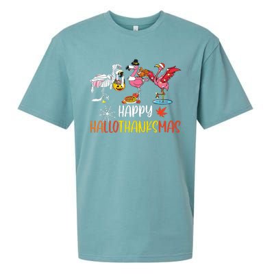 Flamingo Halloween Happy Hallothanksmas Thanksgiving Xmas Sueded Cloud Jersey T-Shirt