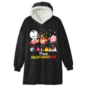 Flamingo Happy Hallothanksmas Funny Halloween Thanksgiving Hooded Wearable Blanket