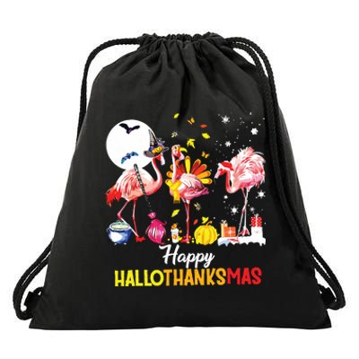 Flamingo Happy Hallothanksmas Funny Halloween Thanksgiving Drawstring Bag