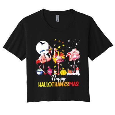 Flamingo Happy Hallothanksmas Funny Halloween Thanksgiving Women's Crop Top Tee