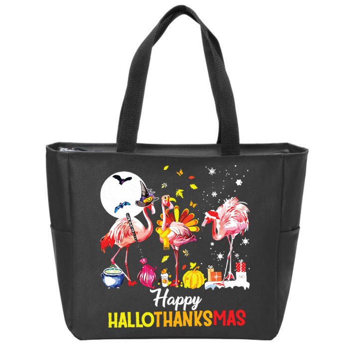 Flamingo Happy Hallothanksmas Funny Halloween Thanksgiving Zip Tote Bag