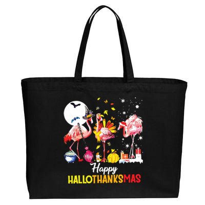 Flamingo Happy Hallothanksmas Funny Halloween Thanksgiving Cotton Canvas Jumbo Tote