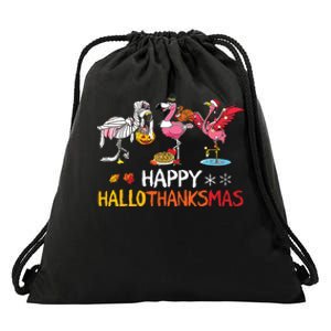 Flamingo Happy Hallothanksmas Funny Halloween Thanksgiving Drawstring Bag