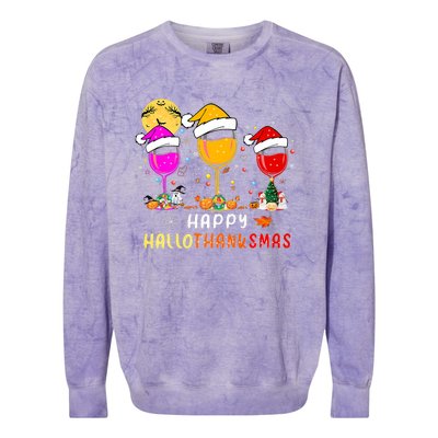 Funny Happy Hallothanksmas Wine Glasses Santa Hat Pumpkin Colorblast Crewneck Sweatshirt