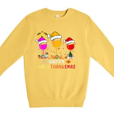 Funny Happy Hallothanksmas Wine Glasses Santa Hat Pumpkin Premium Crewneck Sweatshirt