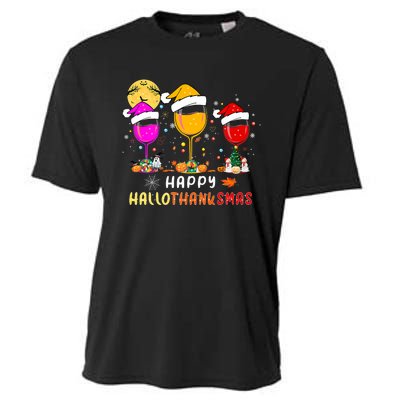 Funny Happy Hallothanksmas Wine Glasses Santa Hat Pumpkin Cooling Performance Crew T-Shirt