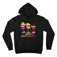 Funny Happy Hallothanksmas Wine Glasses Santa Hat Pumpkin Hoodie