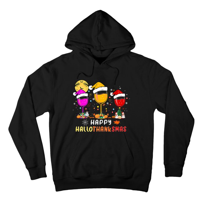 Funny Happy Hallothanksmas Wine Glasses Santa Hat Pumpkin Hoodie