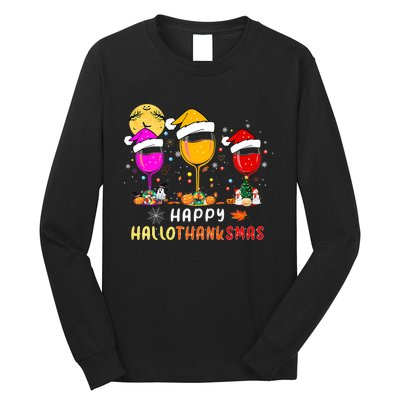 Funny Happy Hallothanksmas Wine Glasses Santa Hat Pumpkin Long Sleeve Shirt