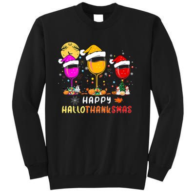 Funny Happy Hallothanksmas Wine Glasses Santa Hat Pumpkin Sweatshirt