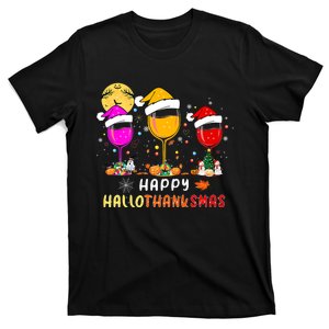 Funny Happy Hallothanksmas Wine Glasses Santa Hat Pumpkin T-Shirt