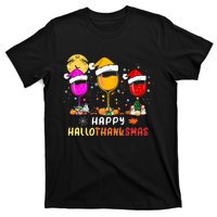 Funny Happy Hallothanksmas Wine Glasses Santa Hat Pumpkin T-Shirt