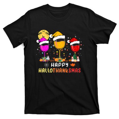 Funny Happy Hallothanksmas Wine Glasses Santa Hat Pumpkin T-Shirt