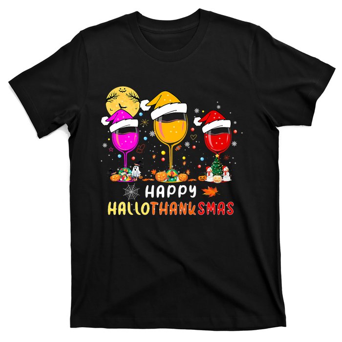 Funny Happy Hallothanksmas Wine Glasses Santa Hat Pumpkin T-Shirt