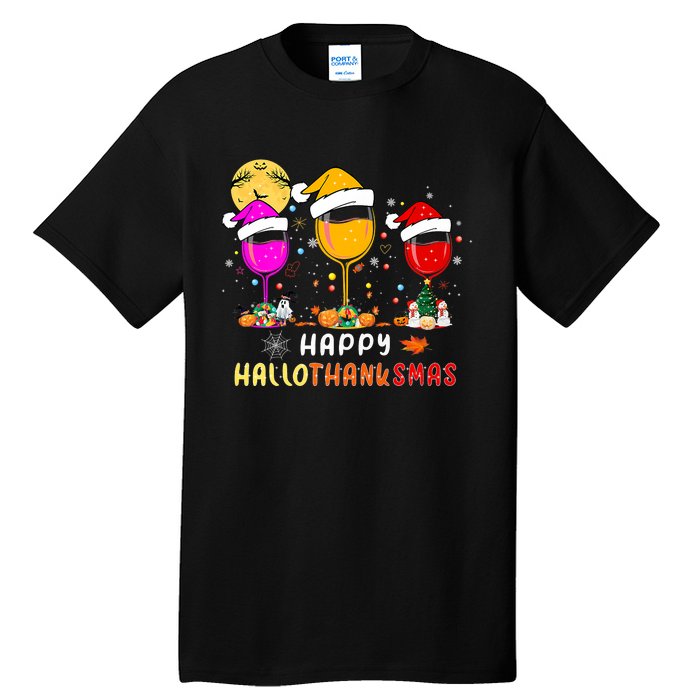 Funny Happy Hallothanksmas Wine Glasses Santa Hat Pumpkin Tall T-Shirt