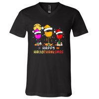 Funny Happy Hallothanksmas Wine Glasses Santa Hat Pumpkin V-Neck T-Shirt