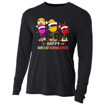 Funny Happy Hallothanksmas Wine Glasses Santa Hat Pumpkin Cooling Performance Long Sleeve Crew