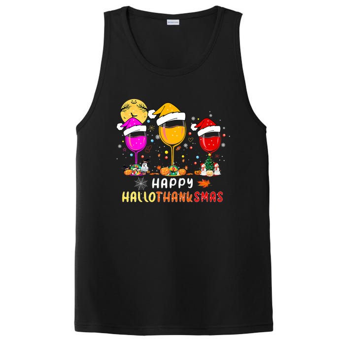 Funny Happy Hallothanksmas Wine Glasses Santa Hat Pumpkin PosiCharge Competitor Tank