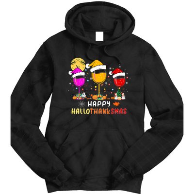 Funny Happy Hallothanksmas Wine Glasses Santa Hat Pumpkin Tie Dye Hoodie