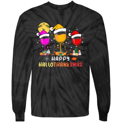 Funny Happy Hallothanksmas Wine Glasses Santa Hat Pumpkin Tie-Dye Long Sleeve Shirt