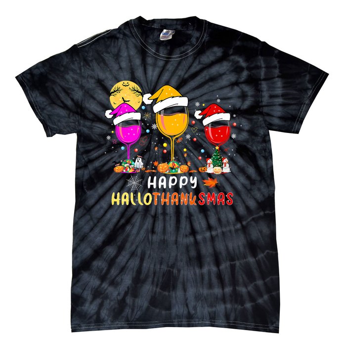 Funny Happy Hallothanksmas Wine Glasses Santa Hat Pumpkin Tie-Dye T-Shirt