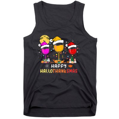 Funny Happy Hallothanksmas Wine Glasses Santa Hat Pumpkin Tank Top