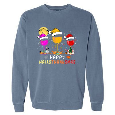 Funny Happy Hallothanksmas Wine Glasses Santa Hat Pumpkin Garment-Dyed Sweatshirt