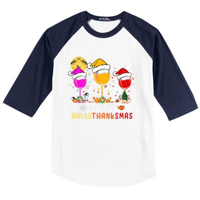 Funny Happy Hallothanksmas Wine Glasses Santa Hat Pumpkin Baseball Sleeve Shirt