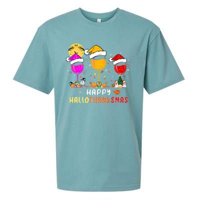 Funny Happy Hallothanksmas Wine Glasses Santa Hat Pumpkin Sueded Cloud Jersey T-Shirt