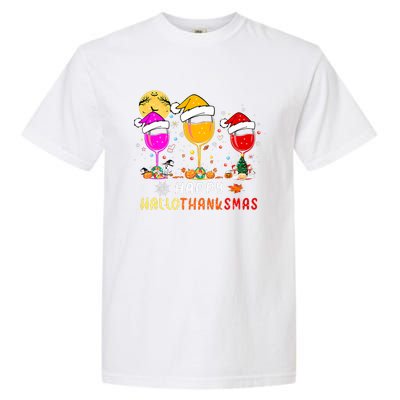 Funny Happy Hallothanksmas Wine Glasses Santa Hat Pumpkin Garment-Dyed Heavyweight T-Shirt