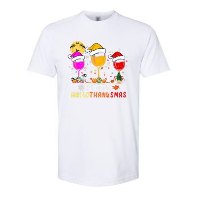 Funny Happy Hallothanksmas Wine Glasses Santa Hat Pumpkin Softstyle CVC T-Shirt