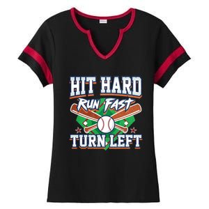 Funny Hit Hard Run Fast Turn Left Baseball Design Meaningful Gift Ladies Halftime Notch Neck Tee