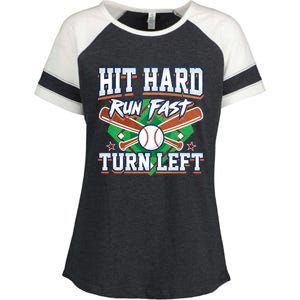 Funny Hit Hard Run Fast Turn Left Baseball Design Meaningful Gift Enza Ladies Jersey Colorblock Tee