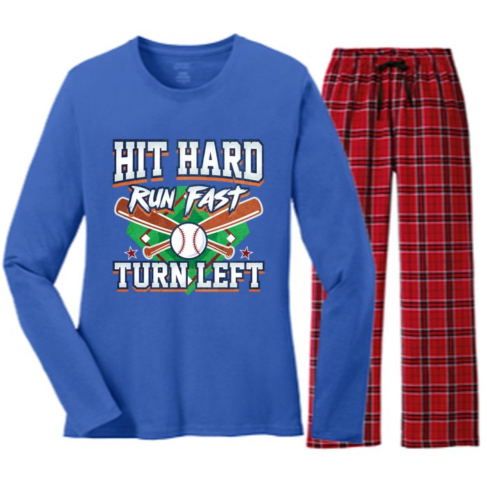 Funny Hit Hard Run Fast Turn Left Baseball Design Meaningful Gift Women's Long Sleeve Flannel Pajama Set 