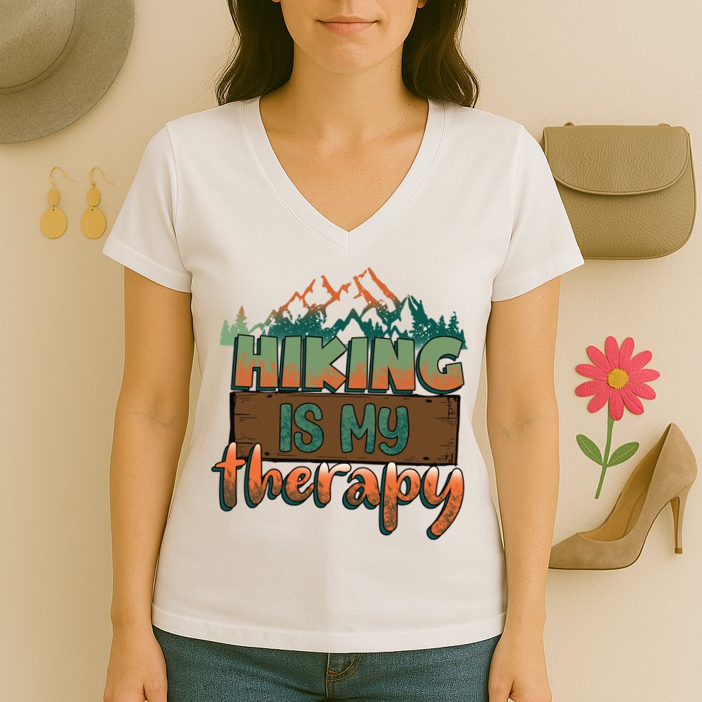 Funny Hiking Is My Therapy Camping Mountain Love Gift Women's V-Neck T-Shirt