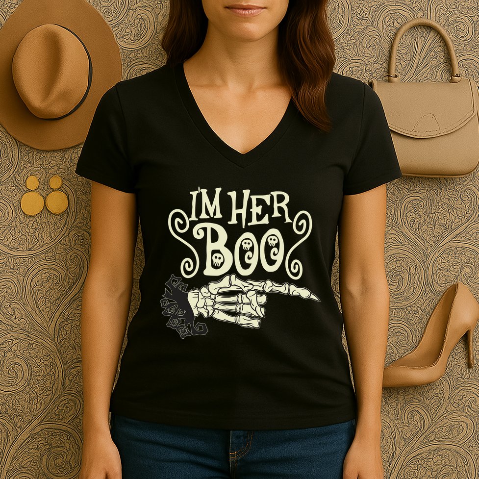 Funny Halloween I'm Her Boo Matching Couple Shirts Women's V-Neck T-Shirt