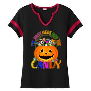 Funny Halloween I'm Just Here For The Candy Ladies Halftime Notch Neck Tee