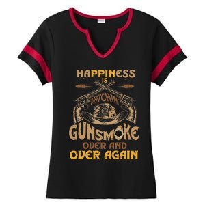 Funny Happiness Is Watching Gunsmoke Over And Over Again Ladies Halftime Notch Neck Tee