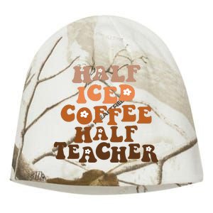 Funny Half Iced Coffee Half Teacher For Teacher Kati - Camo Knit Beanie