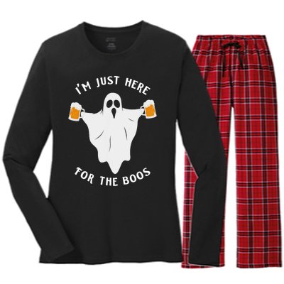 Funny Halloween IM Just Here For The Boos Costume Gift Women's Long Sleeve Flannel Pajama Set 