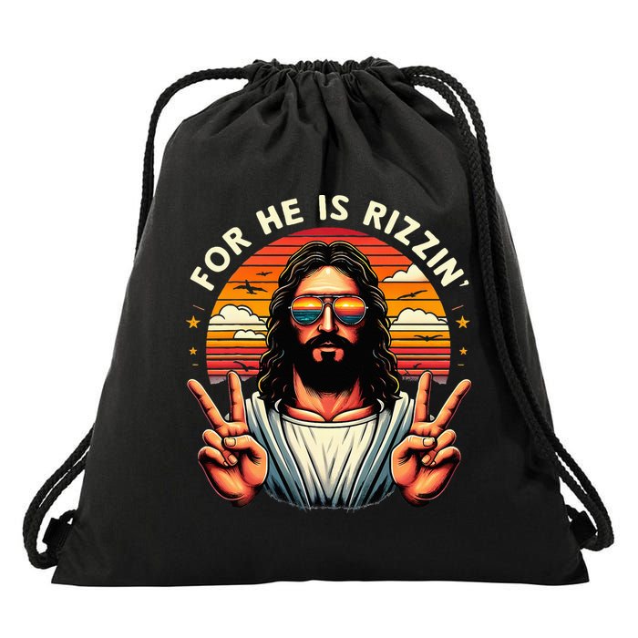 For He Is Rizzen Jesus Is Rizzen Christian Jesus Jokes Drawstring Bag