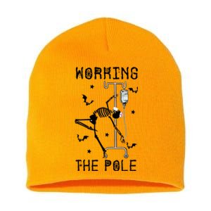 Funny Halloween Icu Er Nurse Working The Pole Skeleton Dance Gift Short Acrylic Beanie