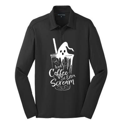 Funny Halloween Iced Coffee With Extra Scream Cute Ghost Spooky Gift Silk Touch Performance Long Sleeve Polo