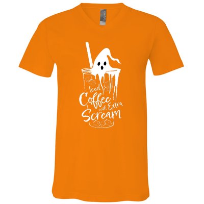 Funny Halloween Iced Coffee With Extra Scream Cute Ghost Spooky Gift V-Neck T-Shirt