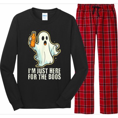 Funny Halloween I'm Just Here For The Boos Ghost Drinking Long Sleeve Pajama Set