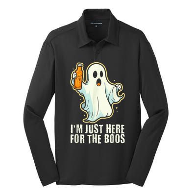 Funny Halloween I'm Just Here For The Boos Ghost Drinking Silk Touch Performance Long Sleeve Polo