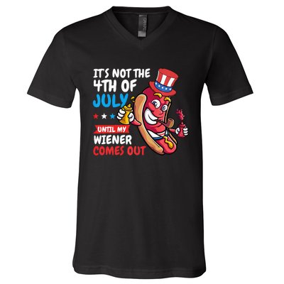 Funny Hotdog It's Not 4th of July Until My Wiener Comes Out  V-Neck T-Shirt