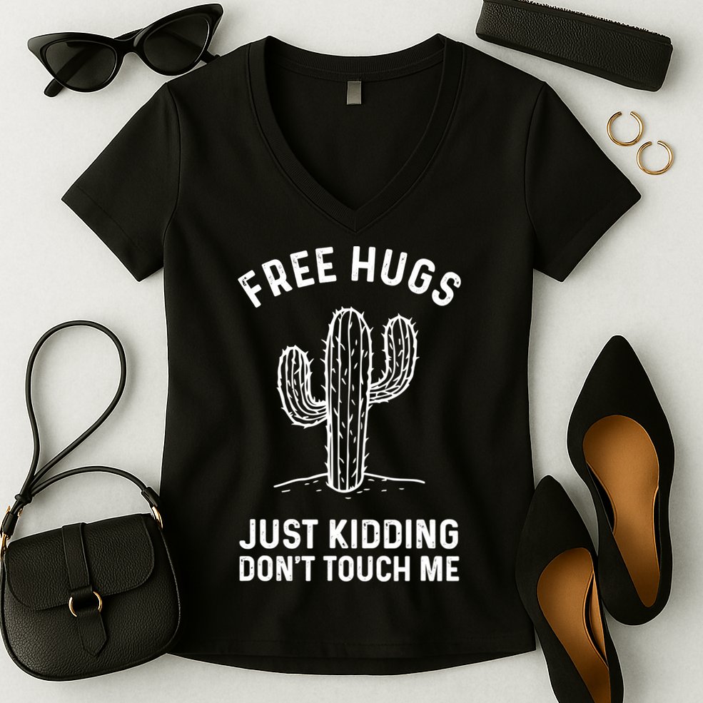 Free Hugs Just Kidding Don't Touch Me Cactus Not A Hugger TShirt Women's V-Neck T-Shirt