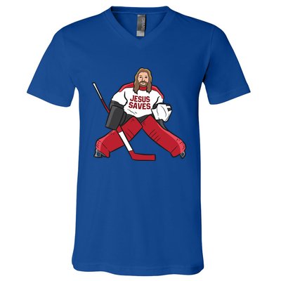 Funny Hockey Jesus Saves Hockey Goalie Great Gift V-Neck T-Shirt